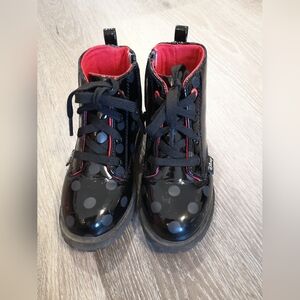 Disney Kids Black Patent Polka Dot Lace-Up Boots with Red Lining